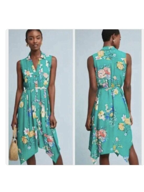 Anthropologie Dresses & Skirts - Maeve Dress Womens 0 Green Floral Sleeveless Button Up Fairy Tale Hem Gardengirl